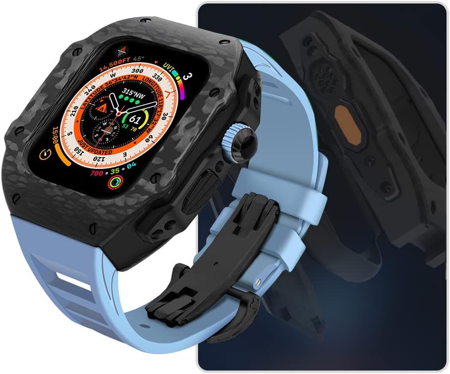 Carbon Fiber Case Fluorine Rubber Strap Modification Kit，For Apple Watch Ultra 49mm 45mm 44mm 9 8 7 6 5 4 SE Upgrade Replace Watch Strap Kit