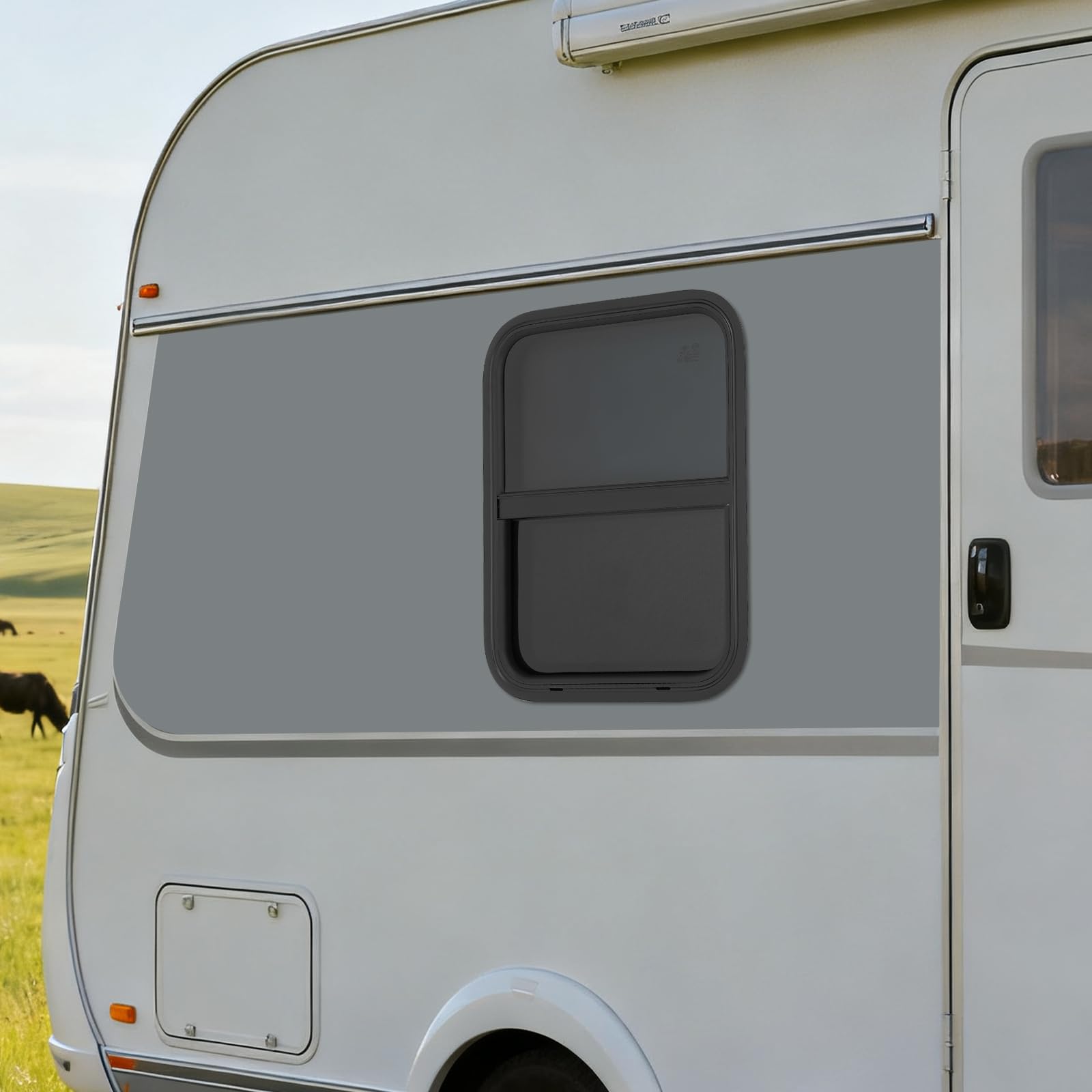 Finestra scorrevole verticale per camper, camper, camion e rimorchi, telaio in alluminio e vetro temperato, con protezione dagli insetti, impermeabile, UV e silenzioso, facile da montare, nero (450 x