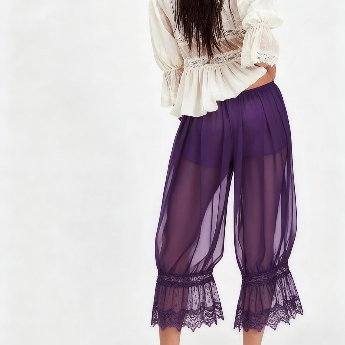 Women Lace Trim Long Bloomer Pants Y2K Ruffle Pettipants Pantaloons Vintage See Through Summer Beach Cropped Pants - Image 6