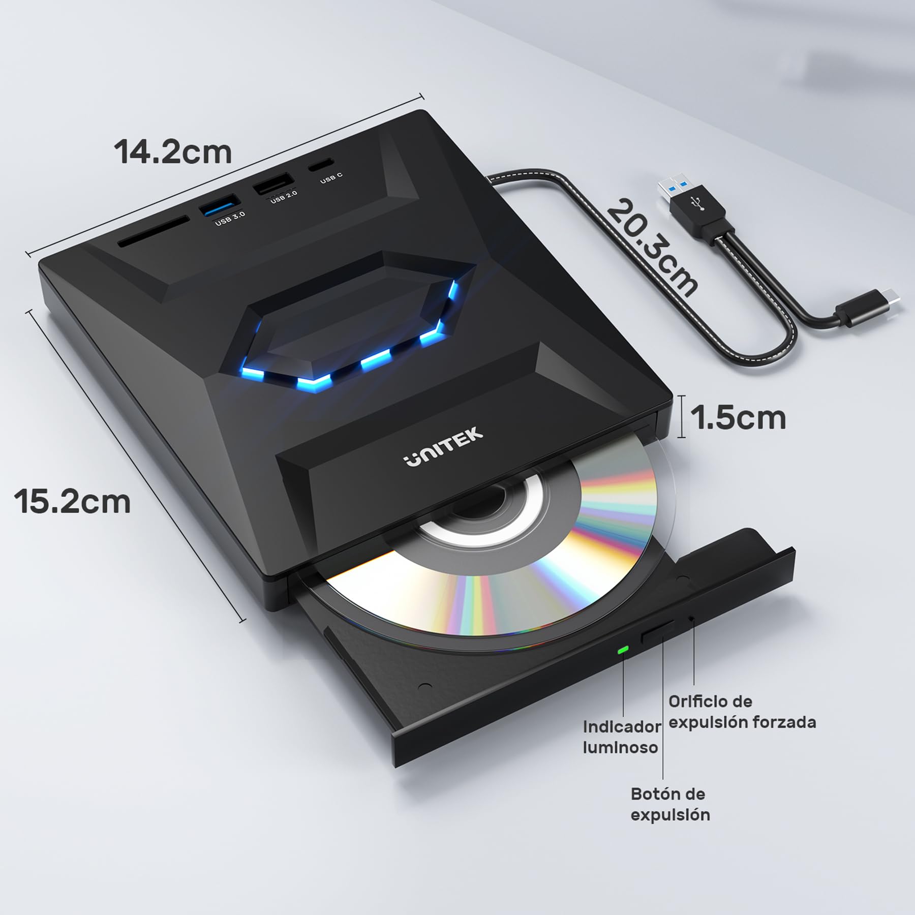 Unitek Unidad externa de CD y DVD,USB C portátil CD/DVD +/-RW,reproductor de DVD con lector de tarjetas SD,USB 3.0, USB C,grabadora de CD ROM compatible con laptop,PC,Windows,Linux,OS, Surface (Negro)