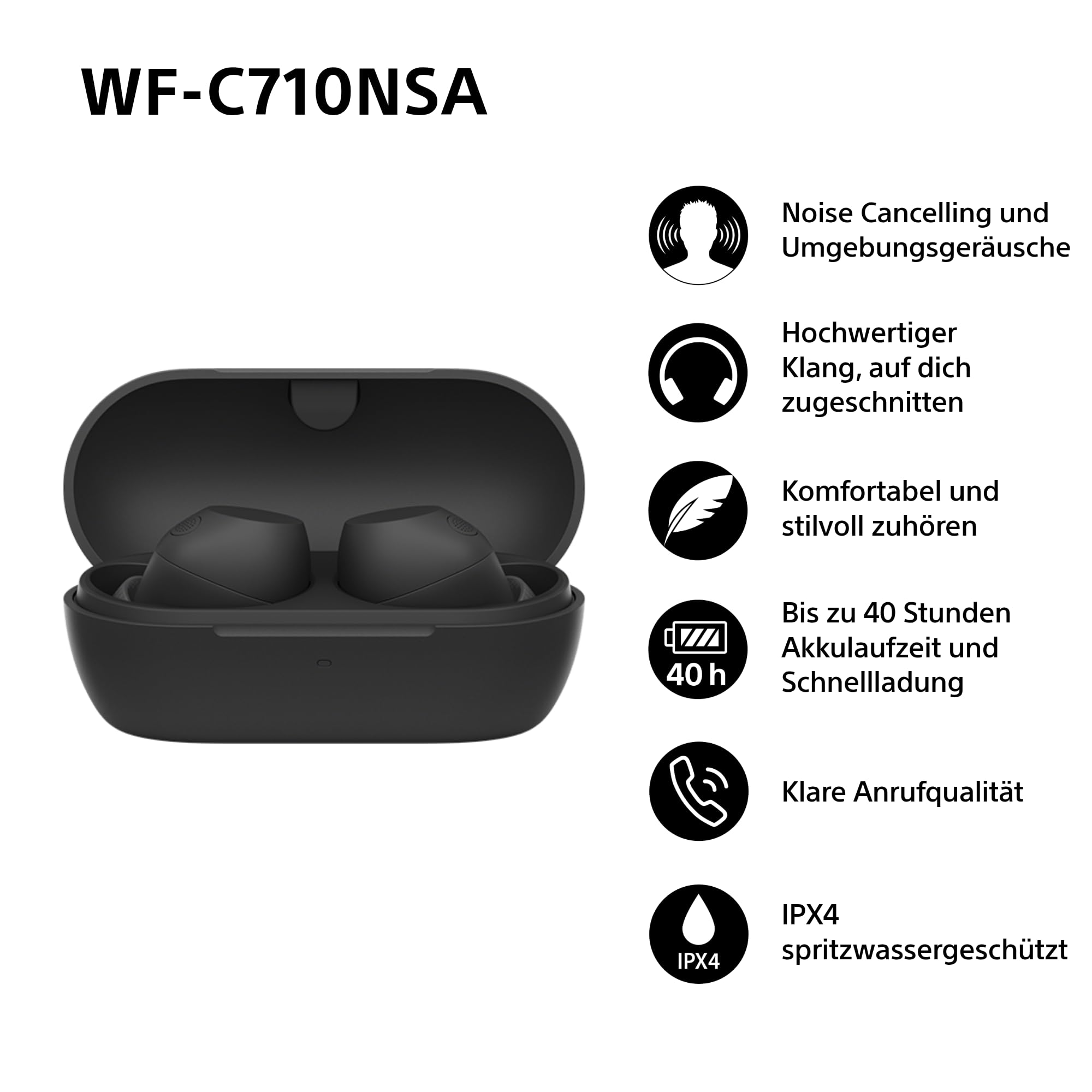 Sony WF-C710NSA Truly Wireless Noise Cancelling Earbuds, leichte Kopfhörer, Touch-Bedienung, Multipoint-Verbindung, IPX4, bis zu 40 HR-Akku, Quick Charge, iOS & Android - Schwarz