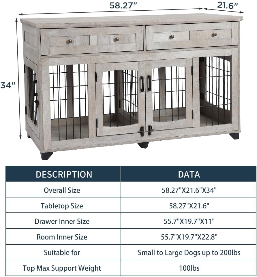 2 Rooms Dog Crate Furniture for Big Breed,58" Wooden Dog Crate Table with 2 Drawers,Indoor Dog Kennel,Dog House,Dog Cage,TV Stand (Grey)