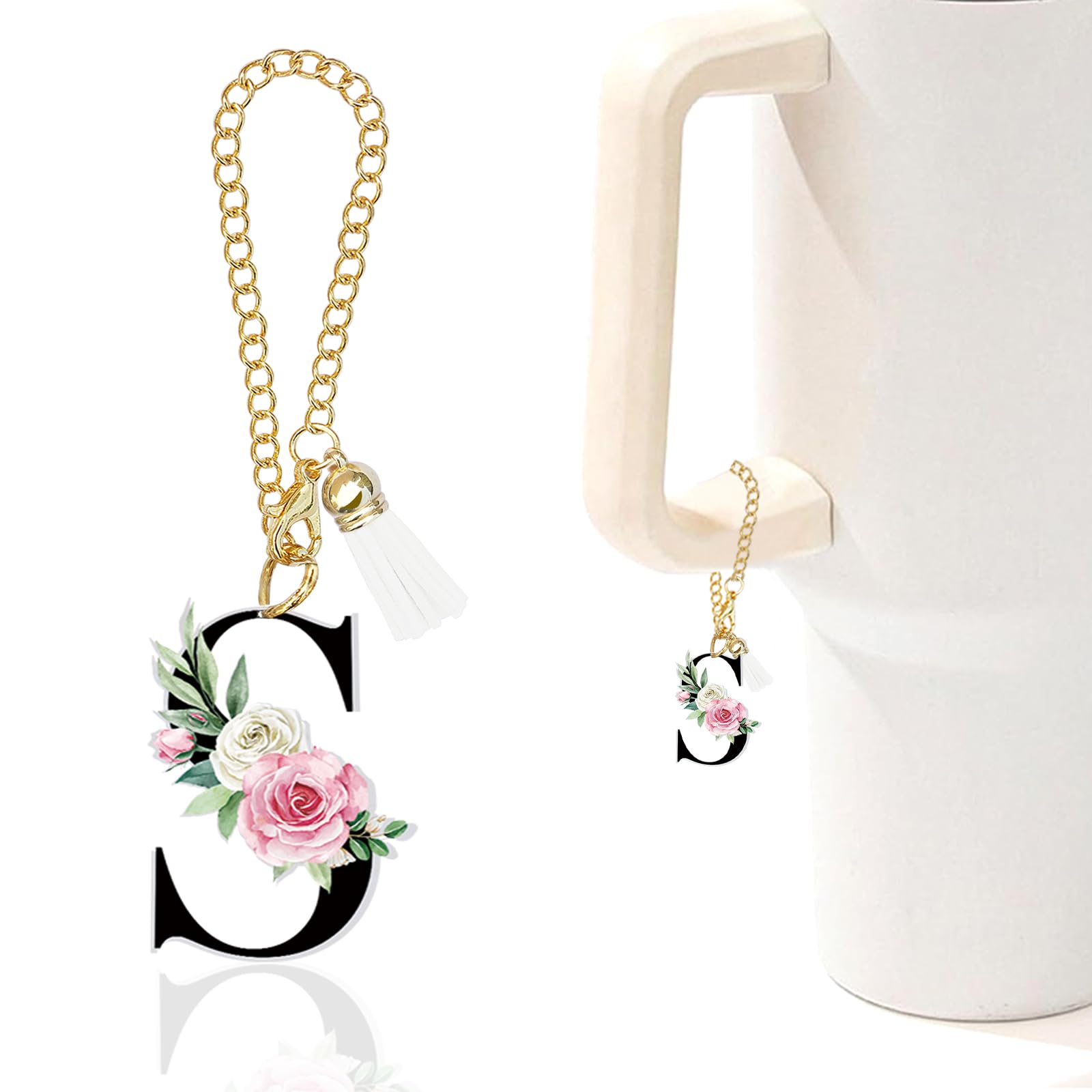 Rose Initial Charm for Stanley Cup,Mini Tumbler Keychain Letter Charm Stanley Cup Accessories for Purse Backpack,Rose Gifts for Women Her Mom Sister