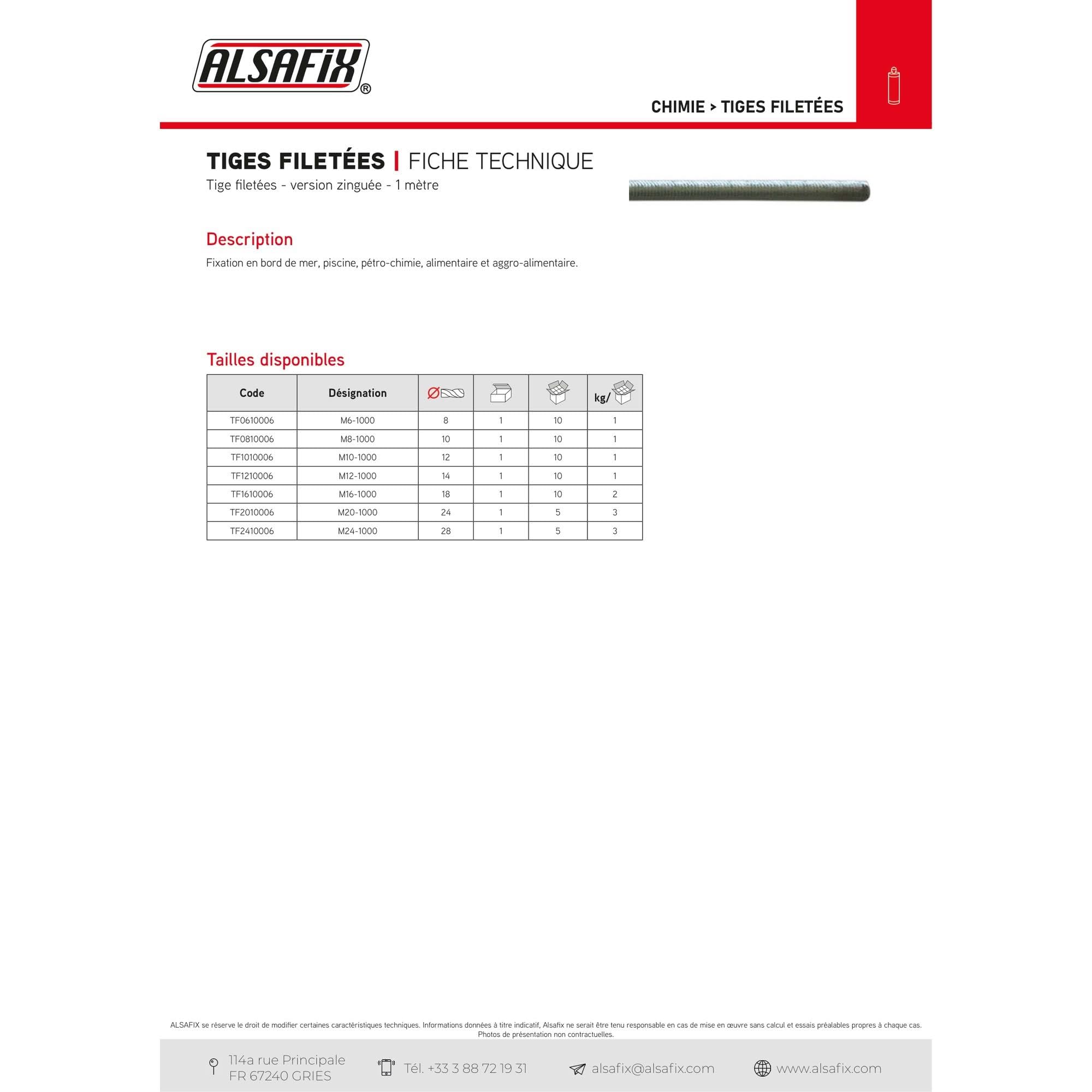 Alsafix - Tige filetée zinguée M24 x Lt. 1000 mm - TF2410006 - Alsafix
