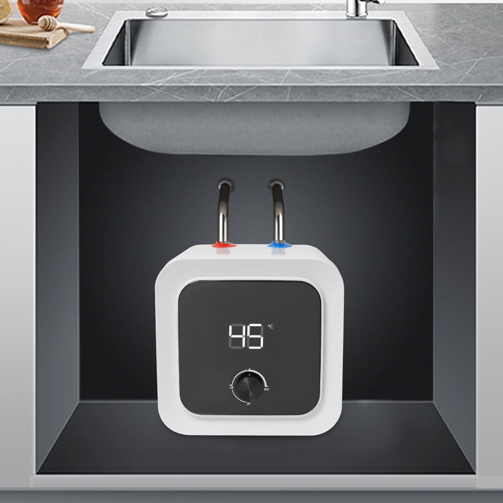Scaldabagno elettrico istantaneo 8L sottopiano, serbatoio acqua calda 1500W con regolatore di temperatura tubi riscaldanti in acciaio inox 316, scaldabagno per cucina e bagno, protezione IPX4, bianco