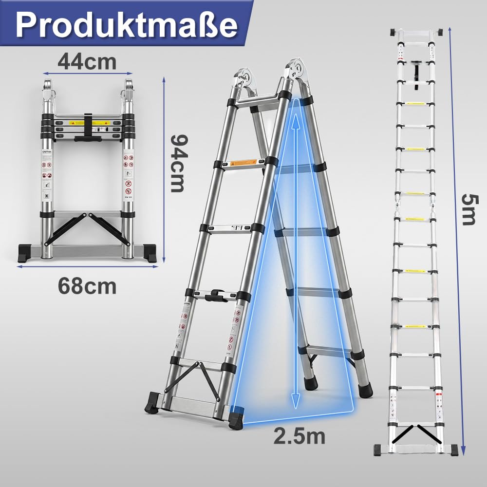 Edelstahl Teleskopleiter Einzelleiter Hochfest Verstärkt, Tragbare Ausziehbare Leiter mit Rutschfesten Füßen, Tragkraft 150 kg Für Dachboden, Wohnmobil, Heimwerkerarbeiten (2.5+2.5M)
