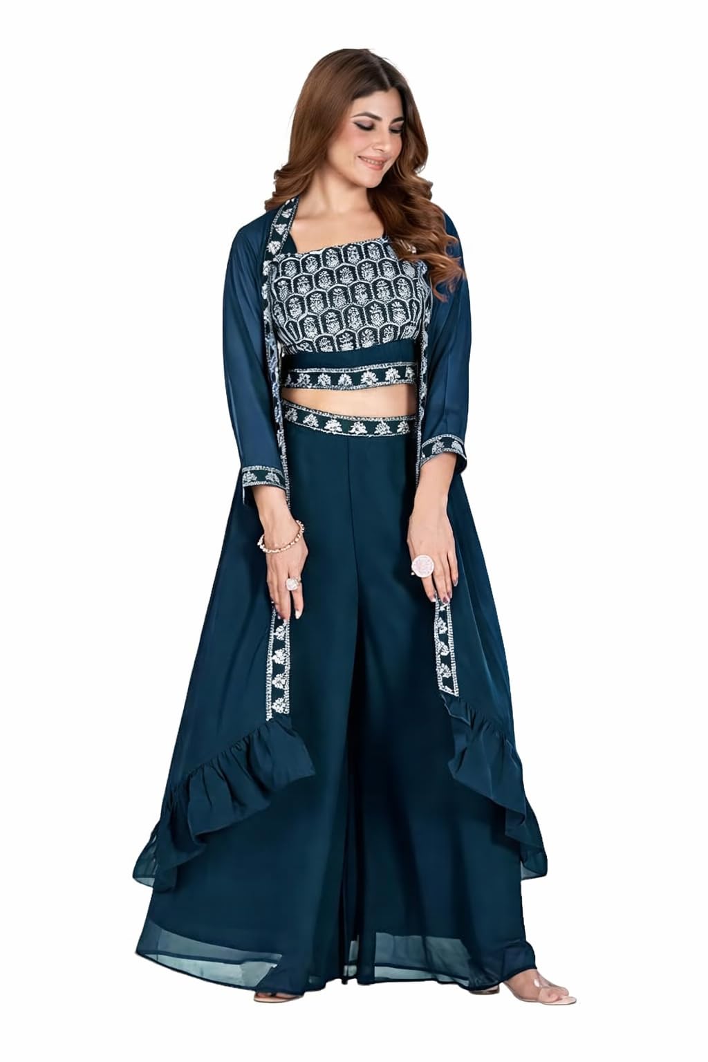 Elegant Embroidered Shrug, Palazzo & Crop Top Set for Women