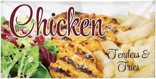 Vinyl Banner Multiple Sizes Chicken Tenders & Fries A Restaurant & Food Outdoor Weatherproof Industrial Yard Signs Golden 4 Grommets 12x30Inches