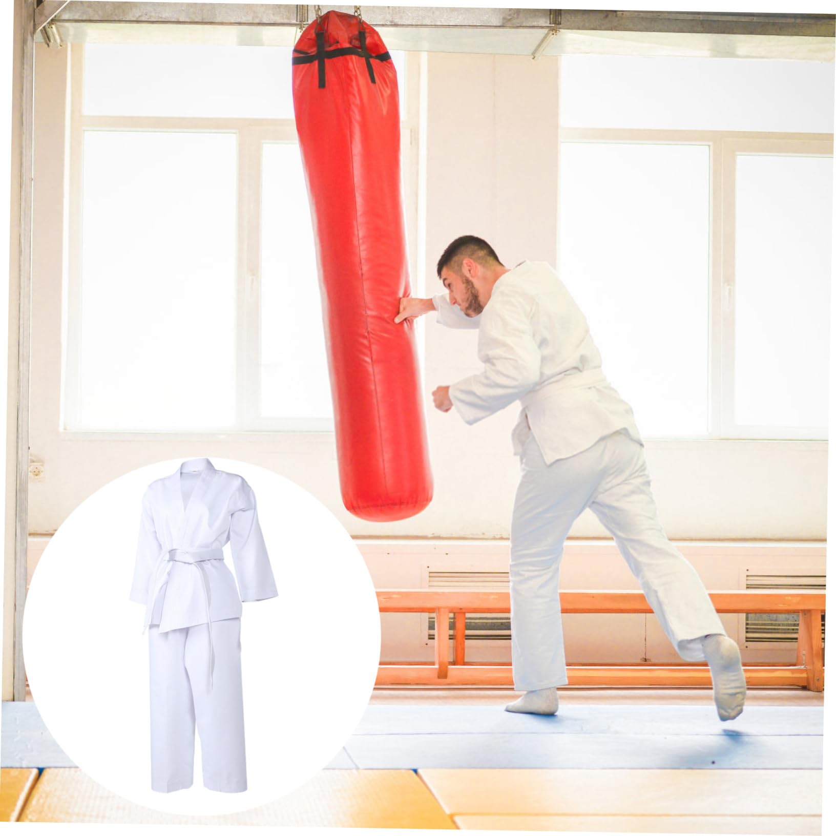 COLLBATH Uniforme da Karate per Adulti, Taekwondo, Poliestere Bianco Pantaloni Coulisse e Cintura Elastica, per Allenamento e Competizione