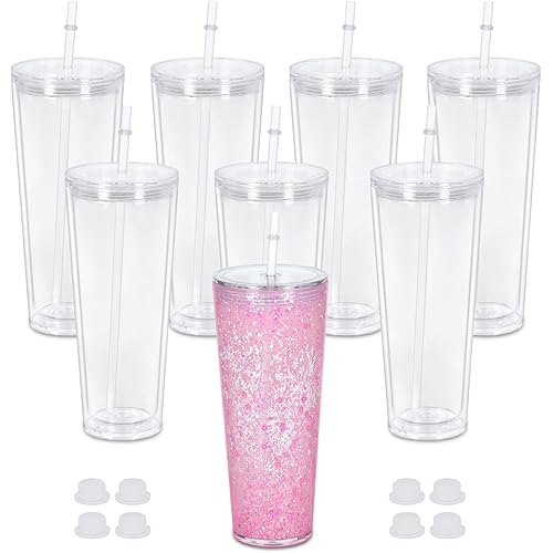 24 Oz Acrylic Snowglobe Tumbler, 8 Pack Pre-Drilled Double Wall Acrylic Clear Cup For Glitter Snow Globe Diy, Double Wall Snowglobe Cup