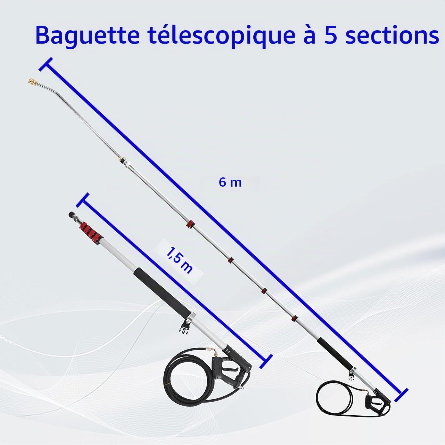 M MINGLE Lance Télescopique pour Nettoyeur Haute Pression 6 m, Aluminium, avec 2 Baguettes d'Extension, 5 Embouts de Buse, 2 Coupleurs et Ceinture de Support, 280 Bar