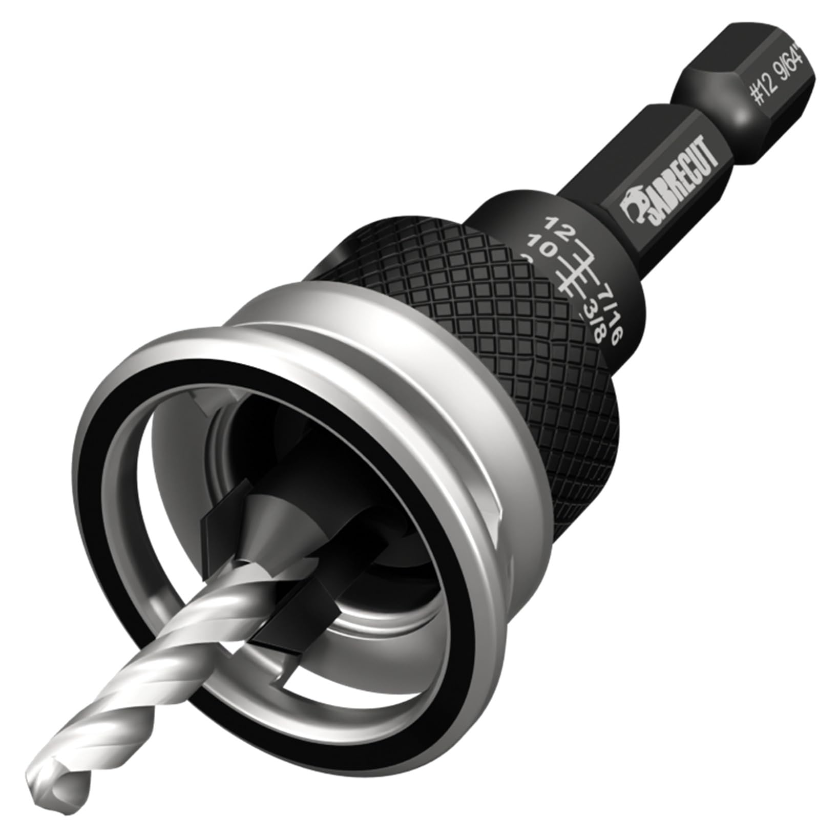 1 x SabreCut SCRCS12 - #12 TCT Countersink Adjustable Depth Stop Drill Bit - 3/8" Countersink, 3.5mm (9/64") HSS Drill Bit, Easy Spin Collar, 1/4" Hex Shank for Wood, Cement Sheet, Plastic & Abrasives