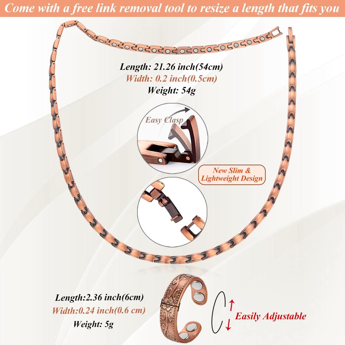 Copper Necklace for Women, with 99% Solid Pure Ring Ultra Strength Magnets, Adjustable New Slim and Lightweight