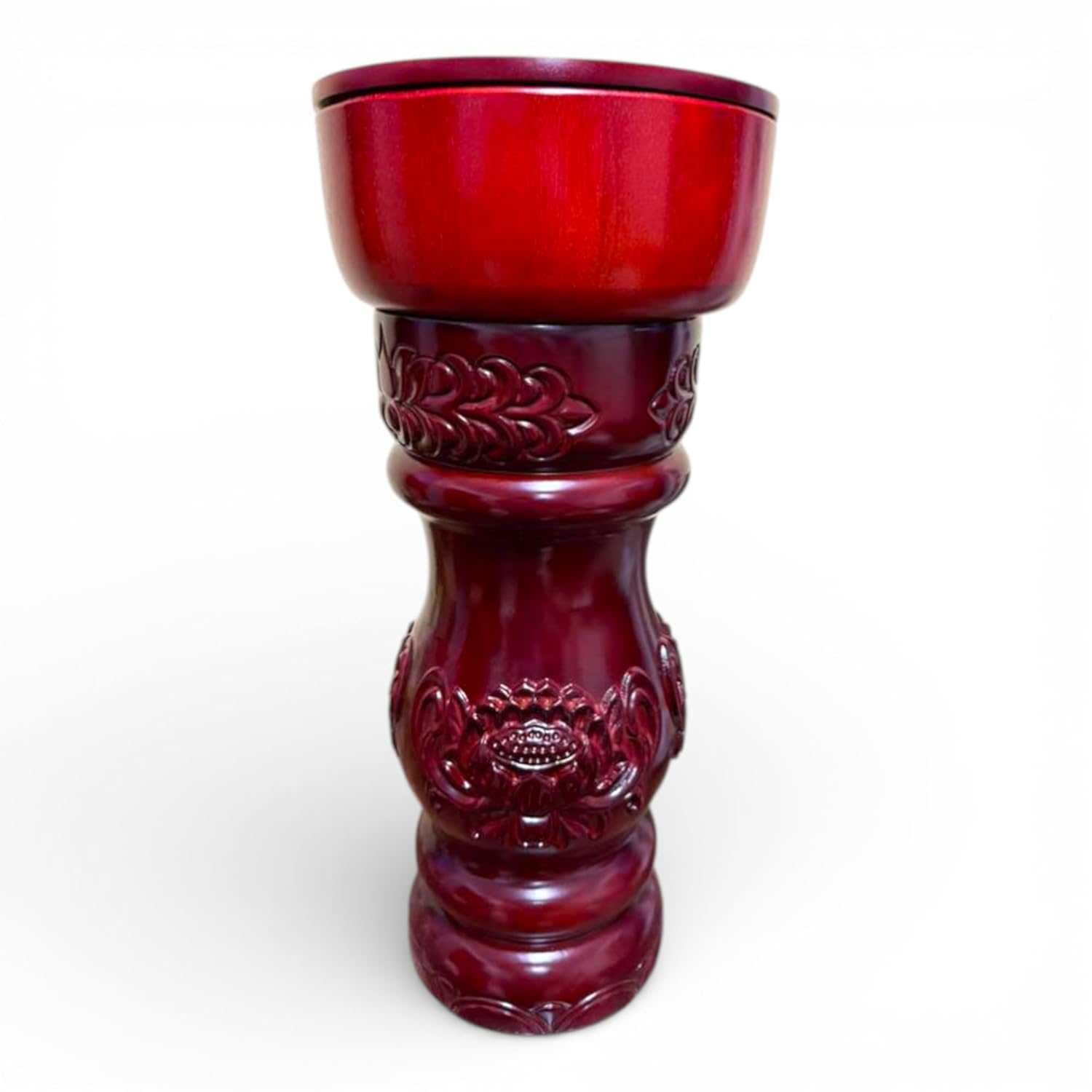 Chango (Shango) Wooden Pilon con Batea Bowl & Lid – Santeria/Regla de Ocha/Yoruba Orisha Altar Stand – Pilón de Changó Tallado en Madera, Acabado Rojo Tipo Caoba – 19” o 22” (22" Inch Pilon)