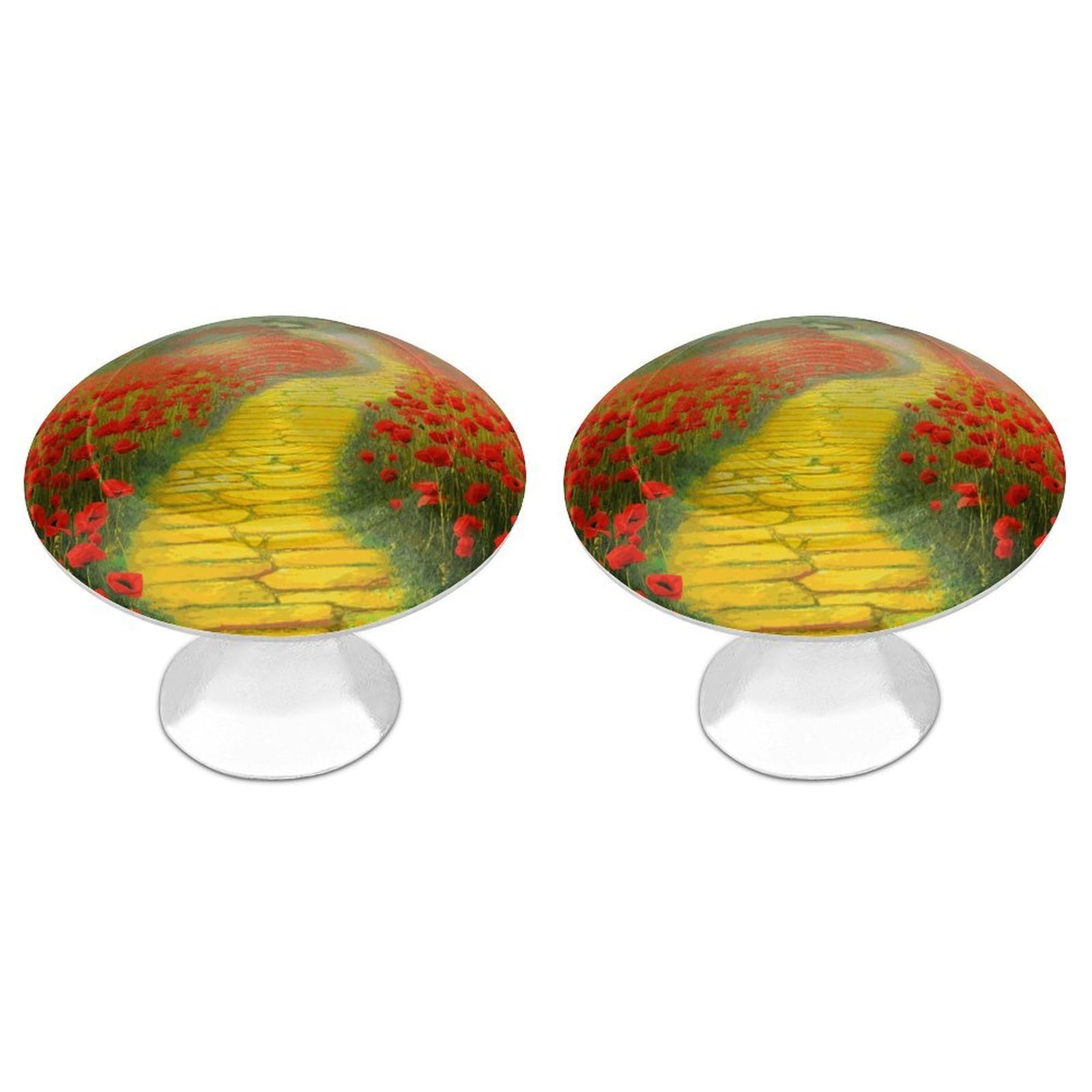 FekiLoot Poppies Field Yellow Brick Road Cabinet Knobs Personality Stainless Steel Round Drawer Handles Circle Modern Cabinet Handles Drawer Knobs for Kitchen Dresser Bathroom Cupboard Furniture
