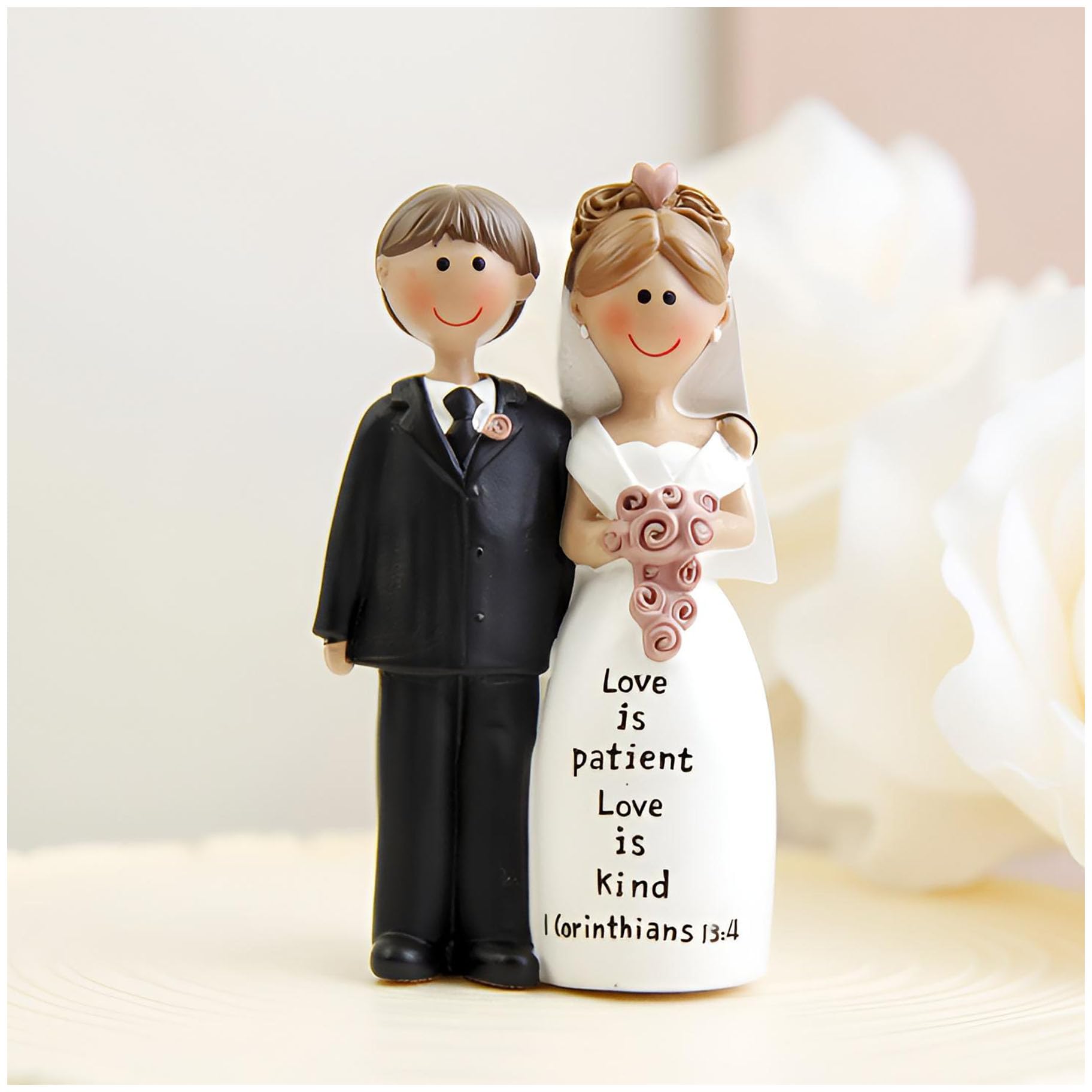 Bride and Groom Wedding Cake Topper, Resin Figurine with “Love is Patient, Love is Kind” Bible Verse, Vintage Cake Decoration