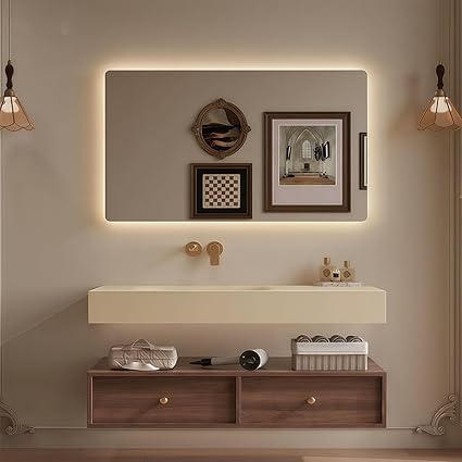 Modern Wall Mounted Floating Bathroom Vanity with Integrated Ceramic Sink, No Assembly Required, Hanging LED Intelligent Lighted Sensor and Demisting Mirror, Cabinet Spaces, 3 Soft Close Drawers