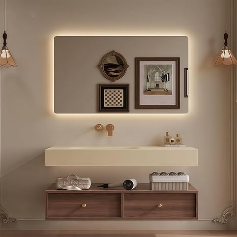 Modern Wall Mounted Floating Bathroom Vanity with Integrated Ceramic Sink, No Assembly Required, Hanging LED Intelligent Lighted Sensor and Demisting Mirror, Cabinet Spaces, 3 Soft Close Drawers