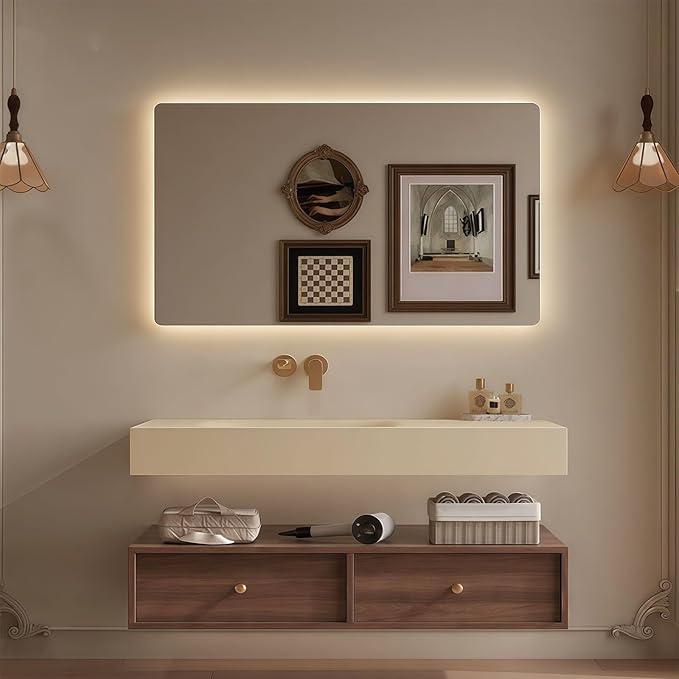 Modern Wall Mounted Floating Bathroom Vanity with Integrated Ceramic Sink, No Assembly Required, Hanging LED Intelligent Lighted Sensor and Demisting Mirror, Cabinet Spaces, 3 Soft Close Drawers