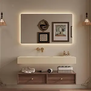 Modern Wall Mounted Floating Bathroom Vanity with Integrated Ceramic Sink, No Assembly Required, Hanging LED Intelligent Lighted Sensor and Demisting Mirror, Cabinet Spaces, 3 Soft Close Drawers