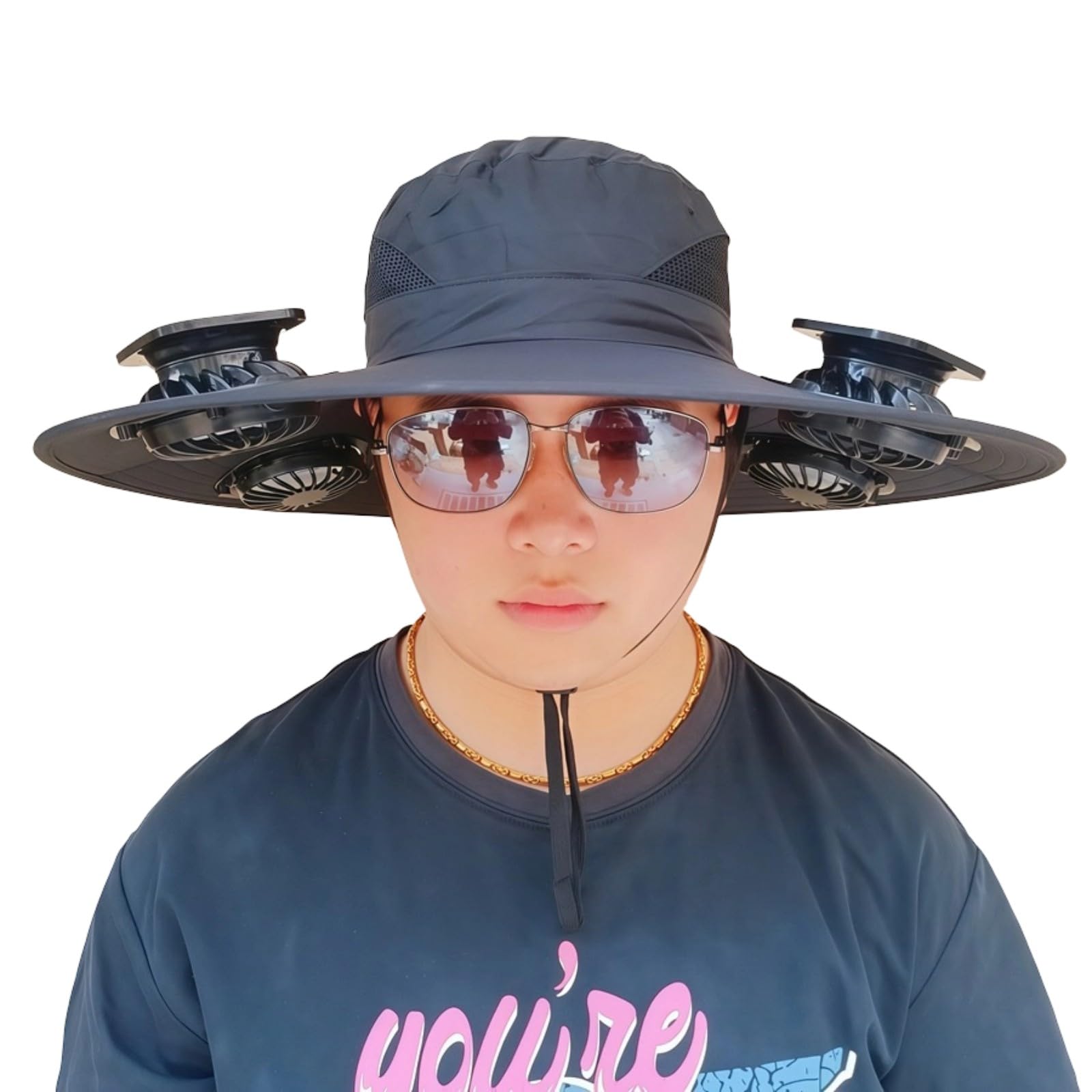 Solar Fan Sun Hat Wide Brim 4 Fan Cooling Fisherman Cap with Side Solar Panel and Chin Cord for Fishing Hiking Beach Walks Wearable Cooling Hat Shade Brim Cap Outdoor Warm Weather Fishing Beach Hot