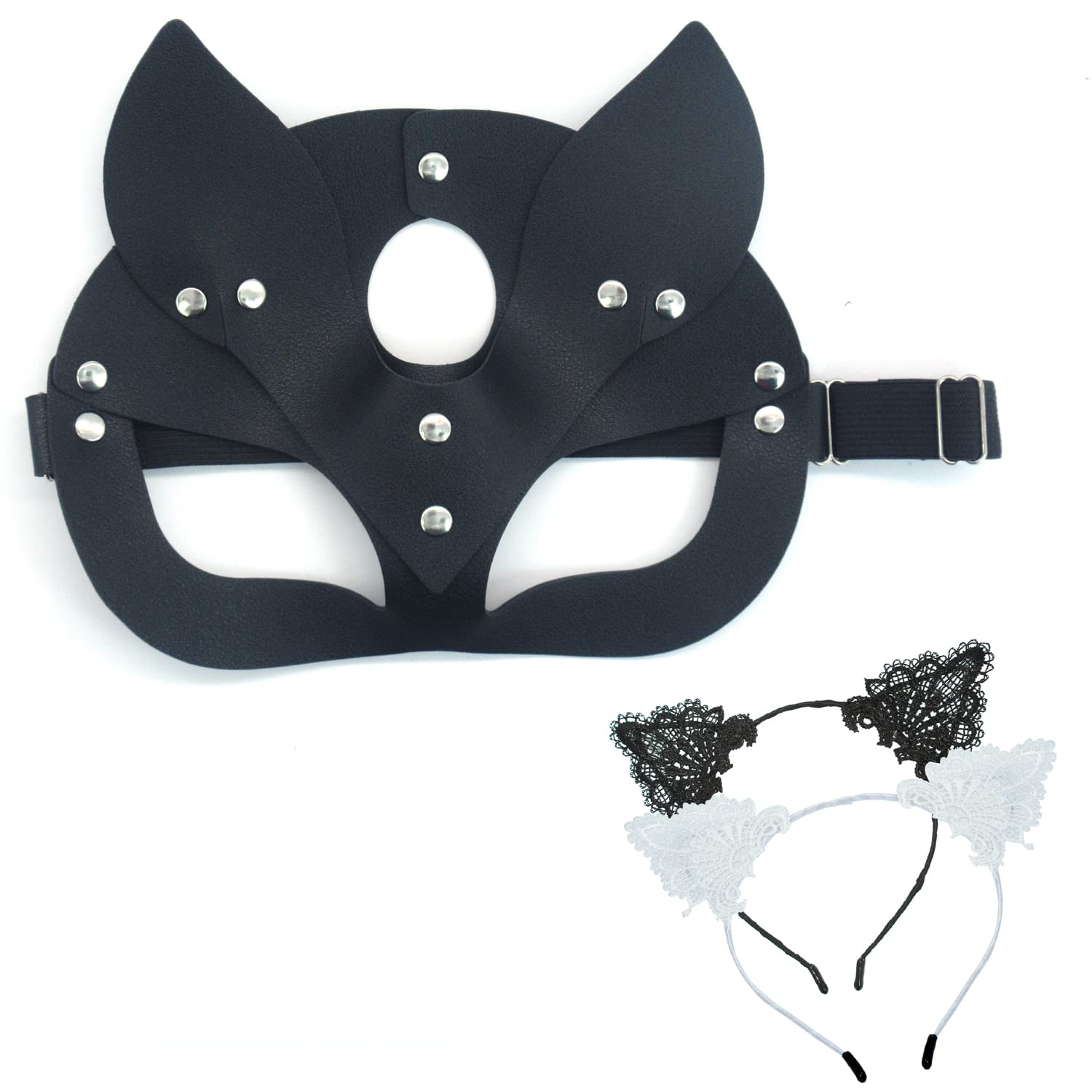 Xelue FF Leather Masquerade Party Mask Adjustable with Rivets and 2 Pack Lace Cat Ears Headband for Cosplay