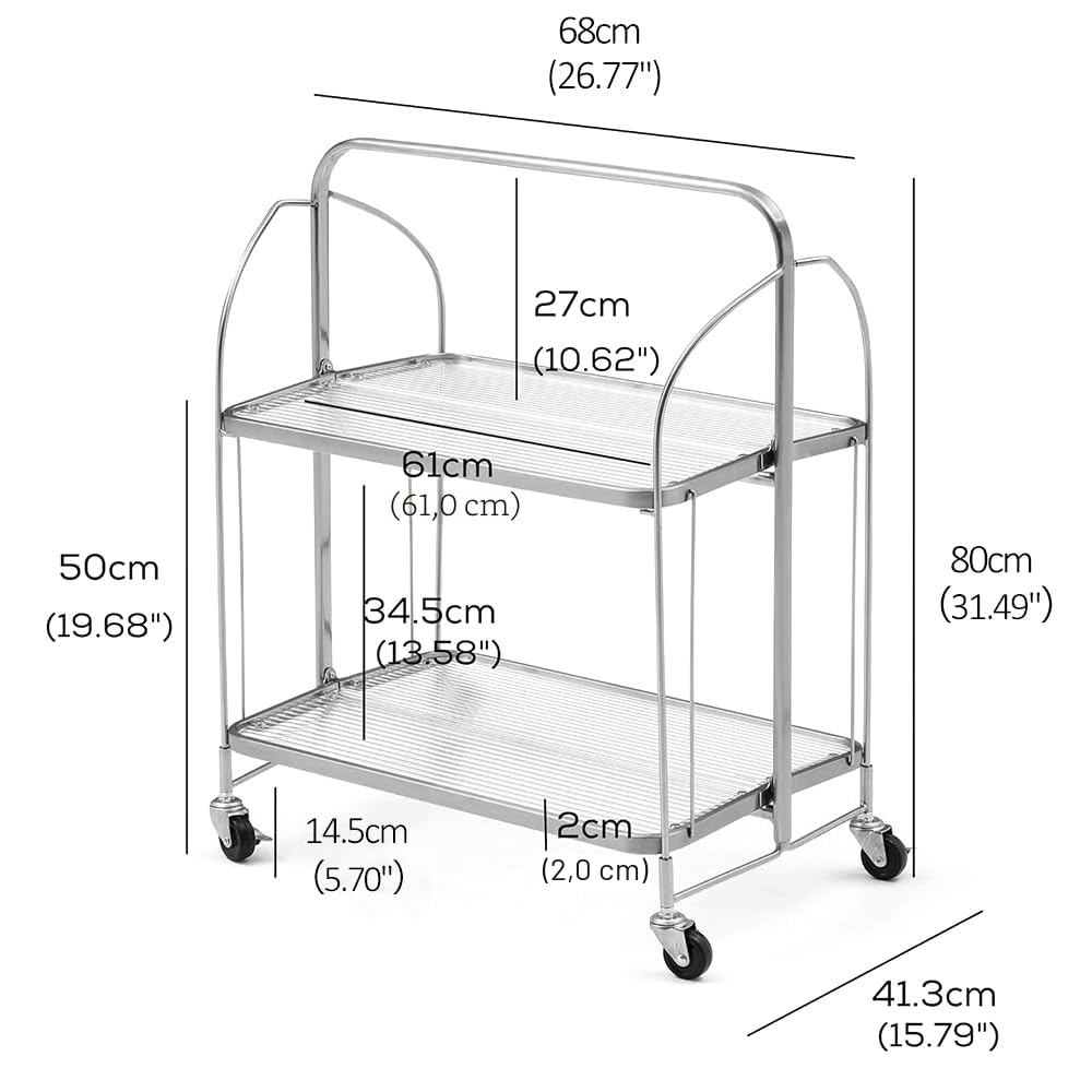 Carrello da portata con ruote, carrello da portata pieghevole, Dinett con 2 ripiani in vetro temperato, per cucina, carrello bar, carrello in metallo, carrello per il tè, carrello per il vino, moderno