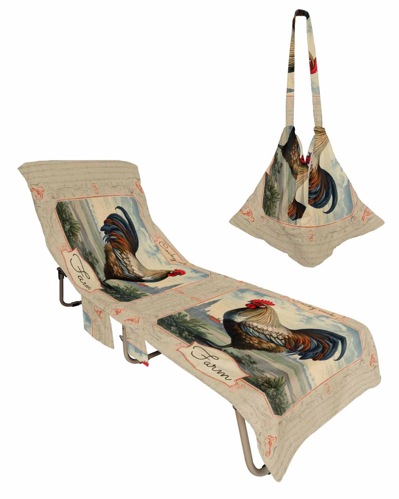 Farm Rooster Beach Lounge Chair Towel Cover, Soft Chaise Lounge Towel with Side Pockets Patio Pool Chairs Cover for Beach/Pool Sunbathing 29x85 Farmhouse Vintage Animal