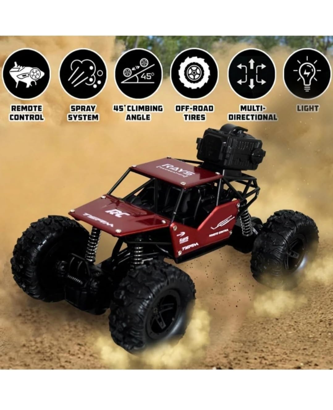 Sky Tech® Rock Crawler Car with Smoke Offroader Rc Car High Speed 5 Functions 1:16 RC Car with Smoke Fog Styled Climbing Monster Truck Rechargeable Remote Control Car for Kids 【Colors as Per Stock】 — Amazon image 4