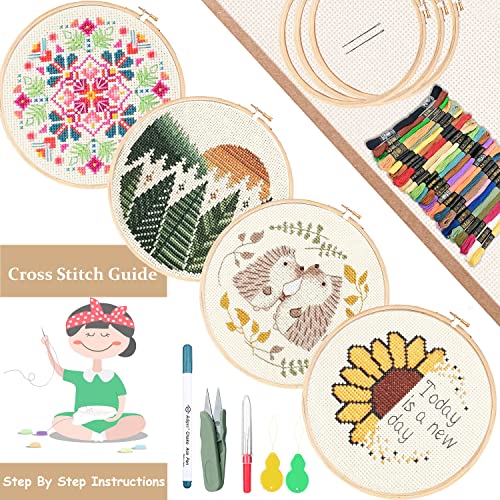 Counted Cross Stitch Kits For Beginner To Advanced- Adults And Kids, Including 4 Stitch Pattern, 3 Brass Frame With All Supplies- Floss, Tools, Instruction