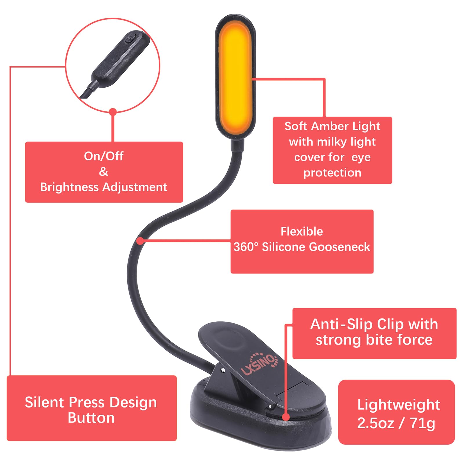 Lampada Da Collo A LED Ricaricabile 2000mAh – Luce Per Lettura Con 3 Modalità E Dimmer – Morbida In Silicone Bianco