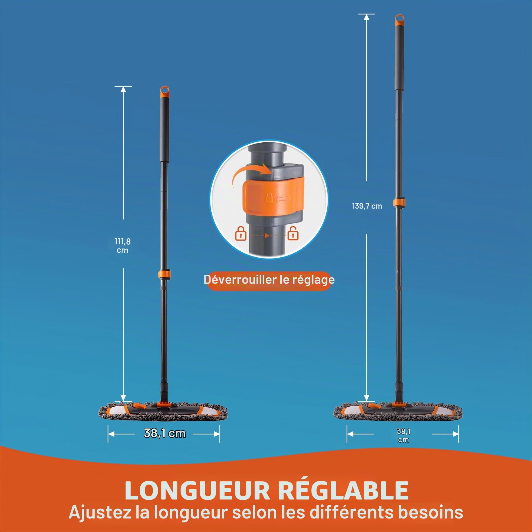 CLEANHOME Balai pour Nettoyage du Sol avec 3 serpillères lavables différents et Manche Extensible de 140 cm de Long, Balai à poussière Multifonction pour Bois Dur, marbre, carrelage