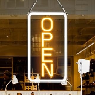 LED Open Sign for Business, Vertical 16" x 9" Neon Open Sign, Super Bright Window & Storefront Sign, Yellow & White, COB LED Light Up Sign for Restaurant, Cafe, Bar, Salon, Retail Shop, ON/Off Switch & 12V Adapter