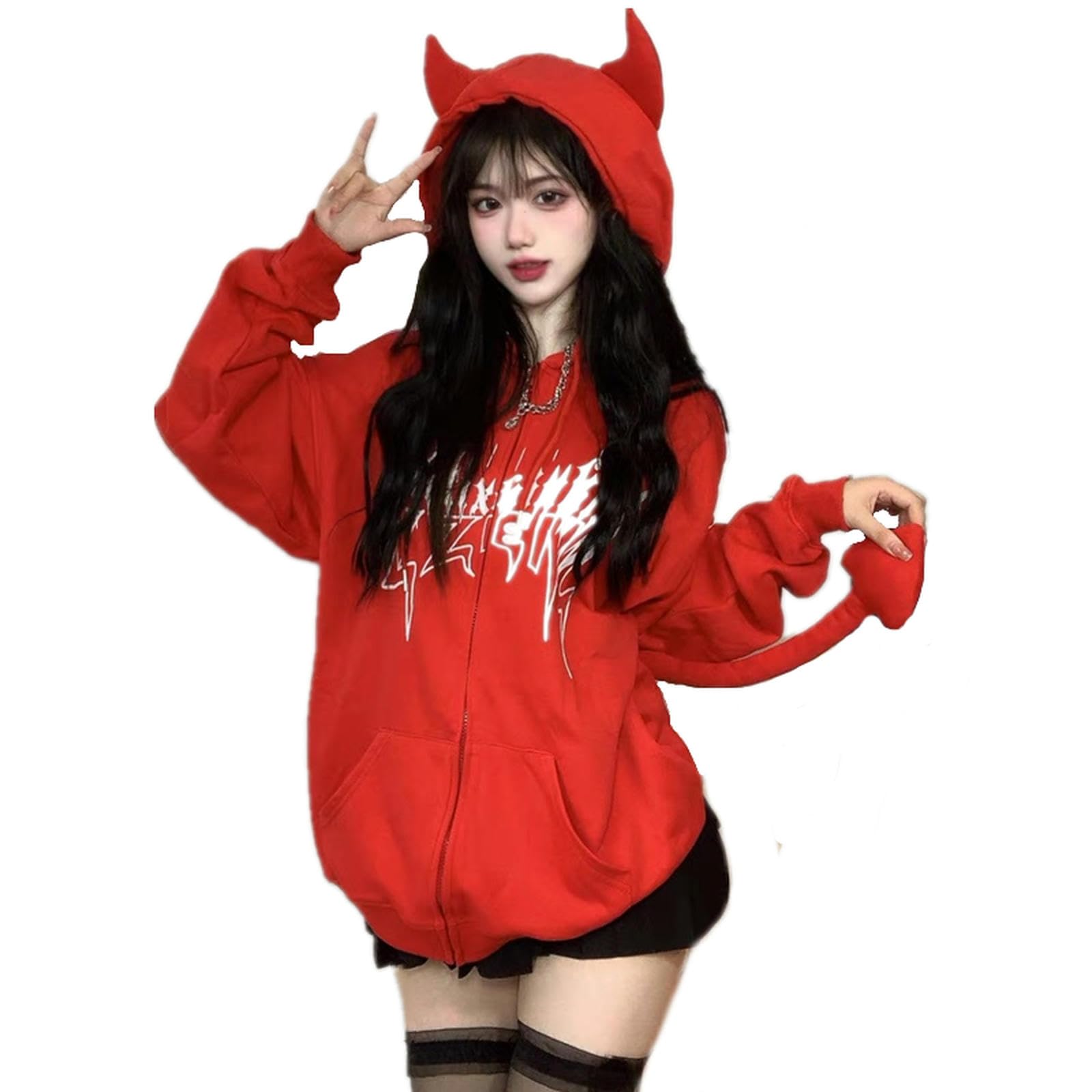 Wszjln Women's Red Autumn Harajuku Hoodies Gothic Punk Devil Horn Hooded Sweatshirt Halloween Couple Matching Detachable Tail Zip-Up Outwear-L