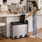 Step N’ Sort 60L 3-Compartment Kitchen Recycling Bin – Stainless Steel Trash & Recycling Can with Hands-Free Step Pedals (3 × 20L)
