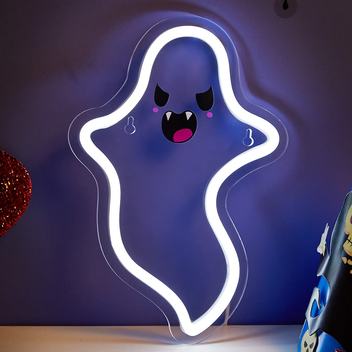 Chi-buyLED Neon Sign for Halloween, USB Powered Neon Light Night Light, 3D Wall Art Decor Neon Lamp Neon Signs for Bedroom Living Room for Children Kids Girl Halloween Neon Custom (White Ghost)