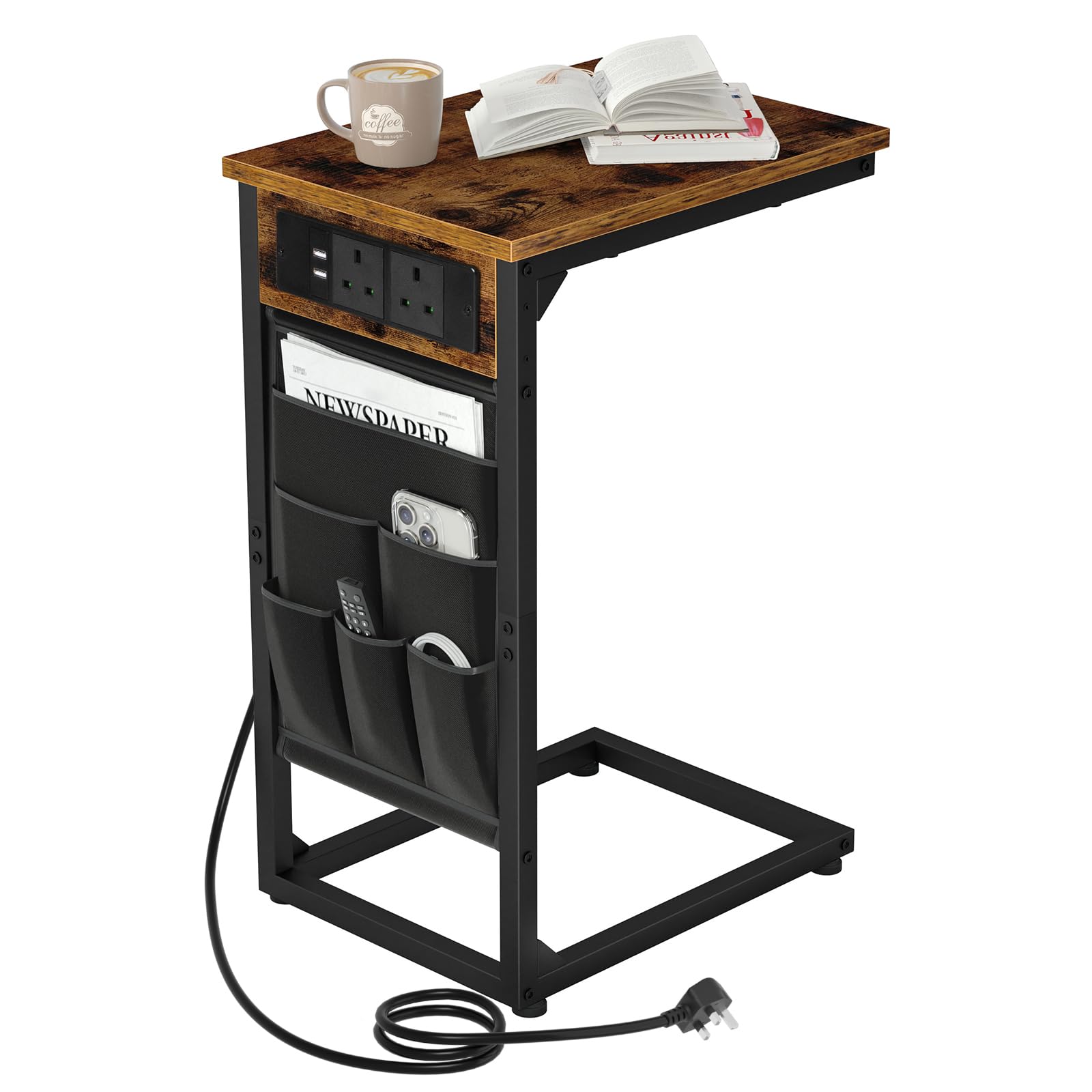 AMHANCIBLE Mesa auxiliar en forma de C, mesita de noche con estación de carga, 2 salidas USB y CA, mesa auxiliar con bolsa de almacenamiento de tela, mesa de sofá para espacios pequeños, mesa de café