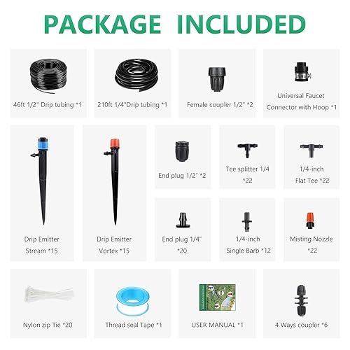 Miniatura 7 de Kit de sistema de riego por goteo de 256 pies, sistema automático de nebulización de riego de jardín de 163 piezas con distribución de 14 pulgadas y