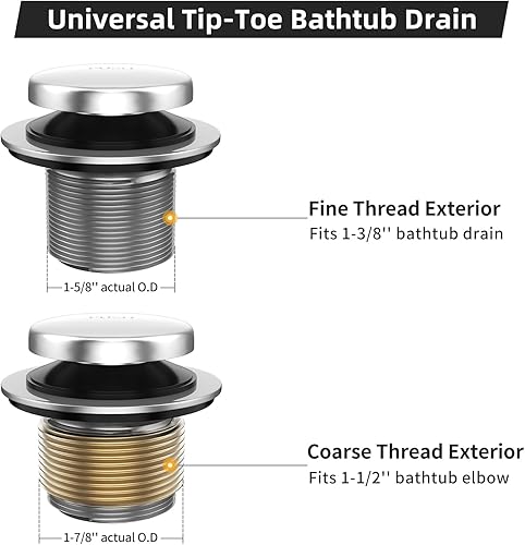 Miniatura 4 de Kit de drenaje de bañera completamente metálico Tip-Toe con placa frontal de desbordamiento de dos orificios y ensamblaje universal de rosca