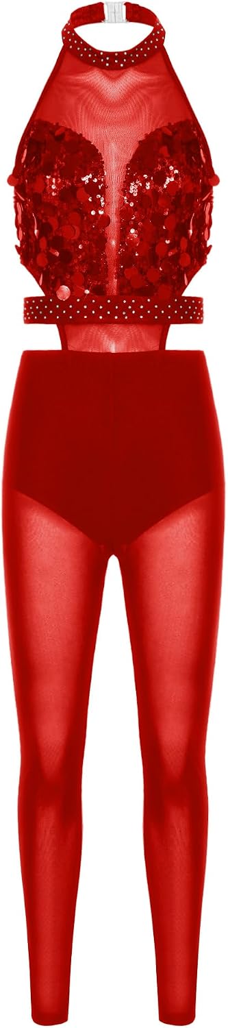 JEYPINMI Women Gymnastics Jumpsuit Performance Competition Unitard Halter Backless Sequin One-piece Leotard