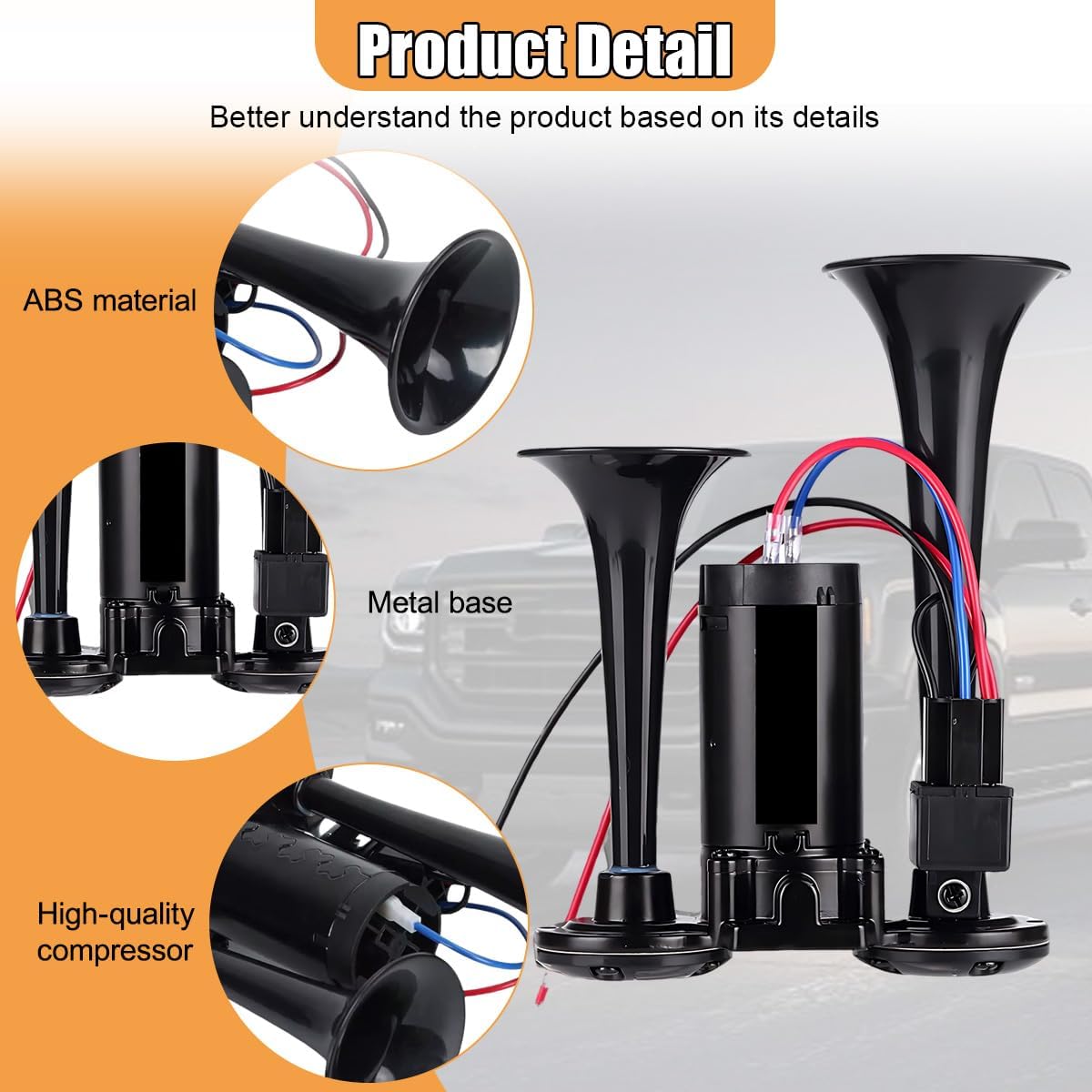 12V 130dB Dual Trumpet Air Horn Kit with Compressor - Loud Dual Electric Train Horn for Cars Boats Trucks SUV - High/Low Tube Air Horns Speaker Kit Car Accessories (Black)