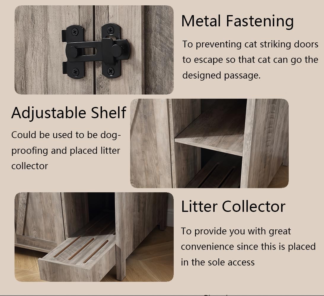 Forest Gravity Large Cat Litter Enclosure With Litter Collector,Enclosure for self-Cleaning Litter Boxes,Adjustable Shelf for Dog Proof and Storage,Outlet,Locks Added for cat,Cat Washroom Cabinet,Grey