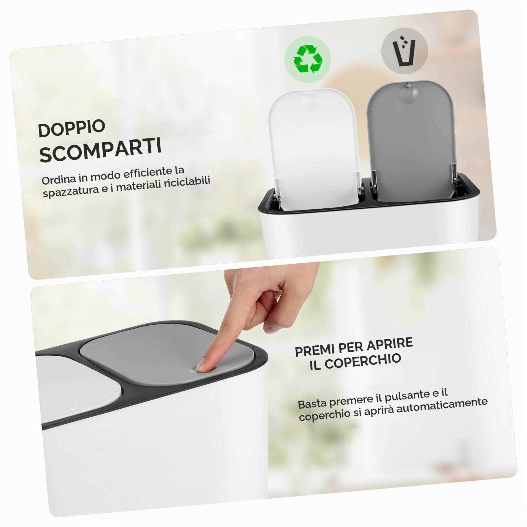 Alipis Pattumiera a Doppio Scomparto Per Rifiuti Cucina Con Separazione Umido E Secco Contenitore Per Spazzatura Interno 13L Bidone Differenziata Con Coperchio