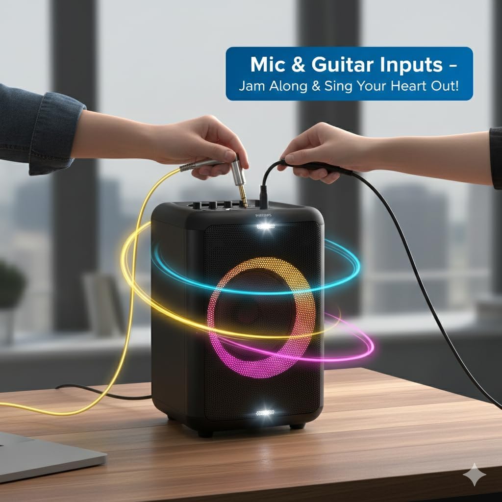 Philips X3206 Bluetooth Party Speaker with Deep bass, Up to 14 Hours Battery, Party Lights and Karaoke Effects, Microphone and Guitar Input, Audio-in, USB Charging, Built-in Trolley, TAX3206 - Image 5