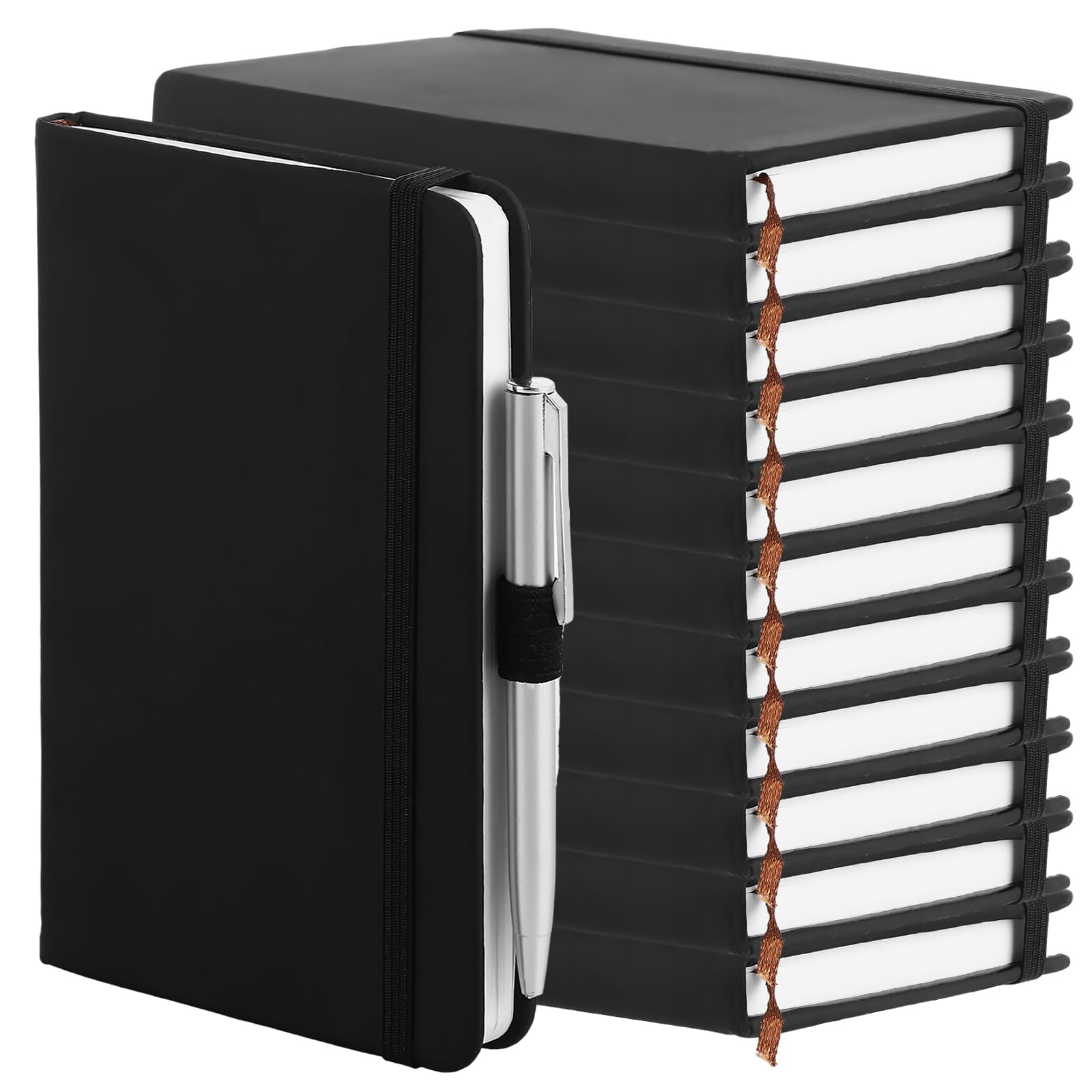 APACALI 12 Pack A6 Pocket Notebooks with Pens, 160 Pages / 80 Sheets A6 Journal Notebook with Elastic Closure and Pen Loop, Small Notebooks Pocket Size for Office Home Business, 9 x 14cm, Black