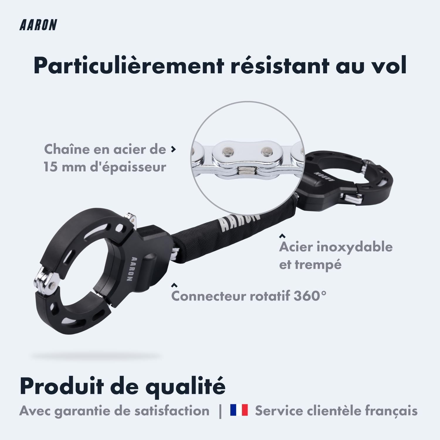 AARON Antivol à menottes pour scooter électrique - Design haute sécurité - Antivol de vélo flexible avec chaîne en acier - Robuste et protection contre les rayures (noir)