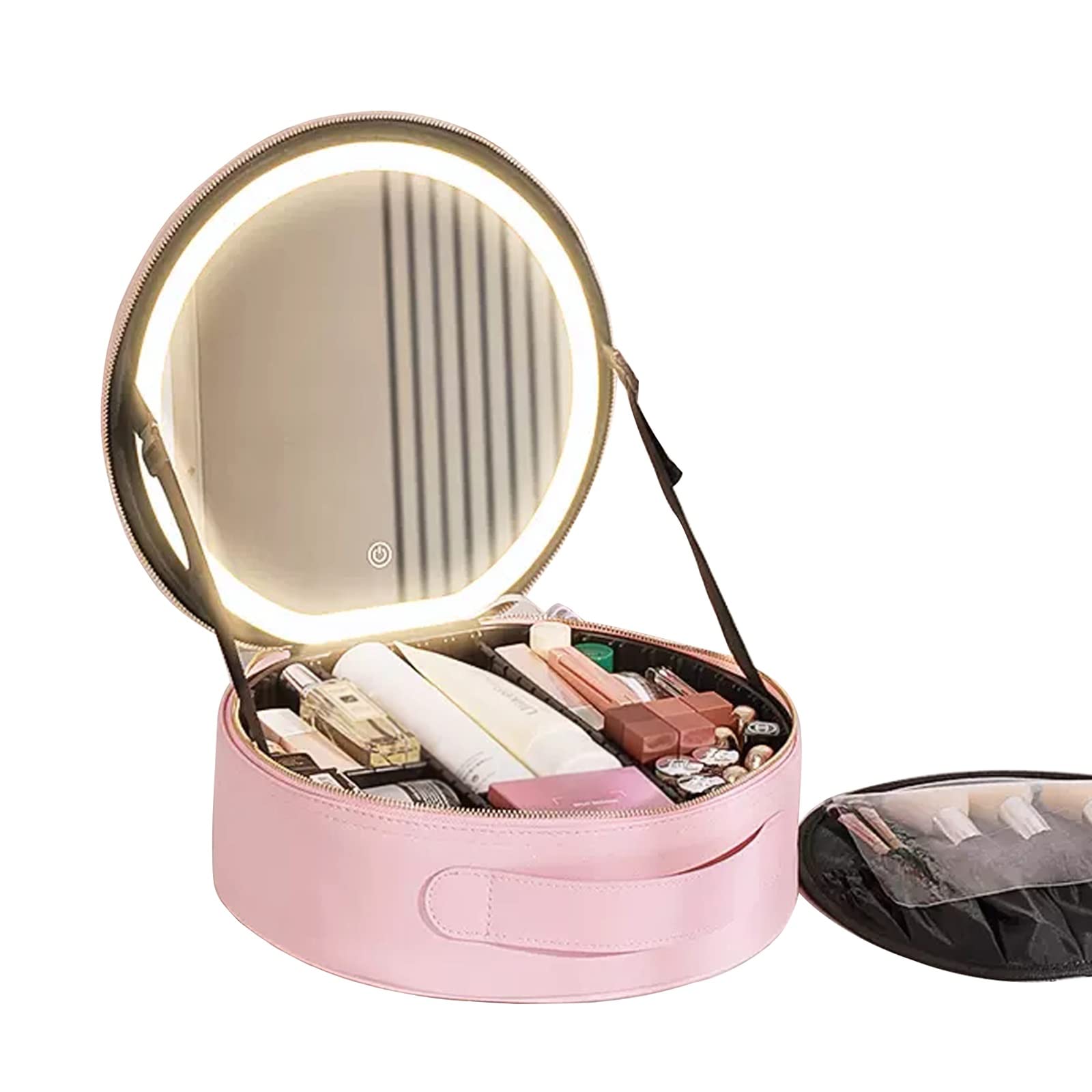 HJXGQJM Professionale Portatile Trousse Make Up Organizers Trucchi Ragazza Valigetta Porta Trucchi, Porta Trucchi con LED, Rotondo Beauty Case da Viaggio,con Divisorio Valigetta Trucchi,Nero(Pink)