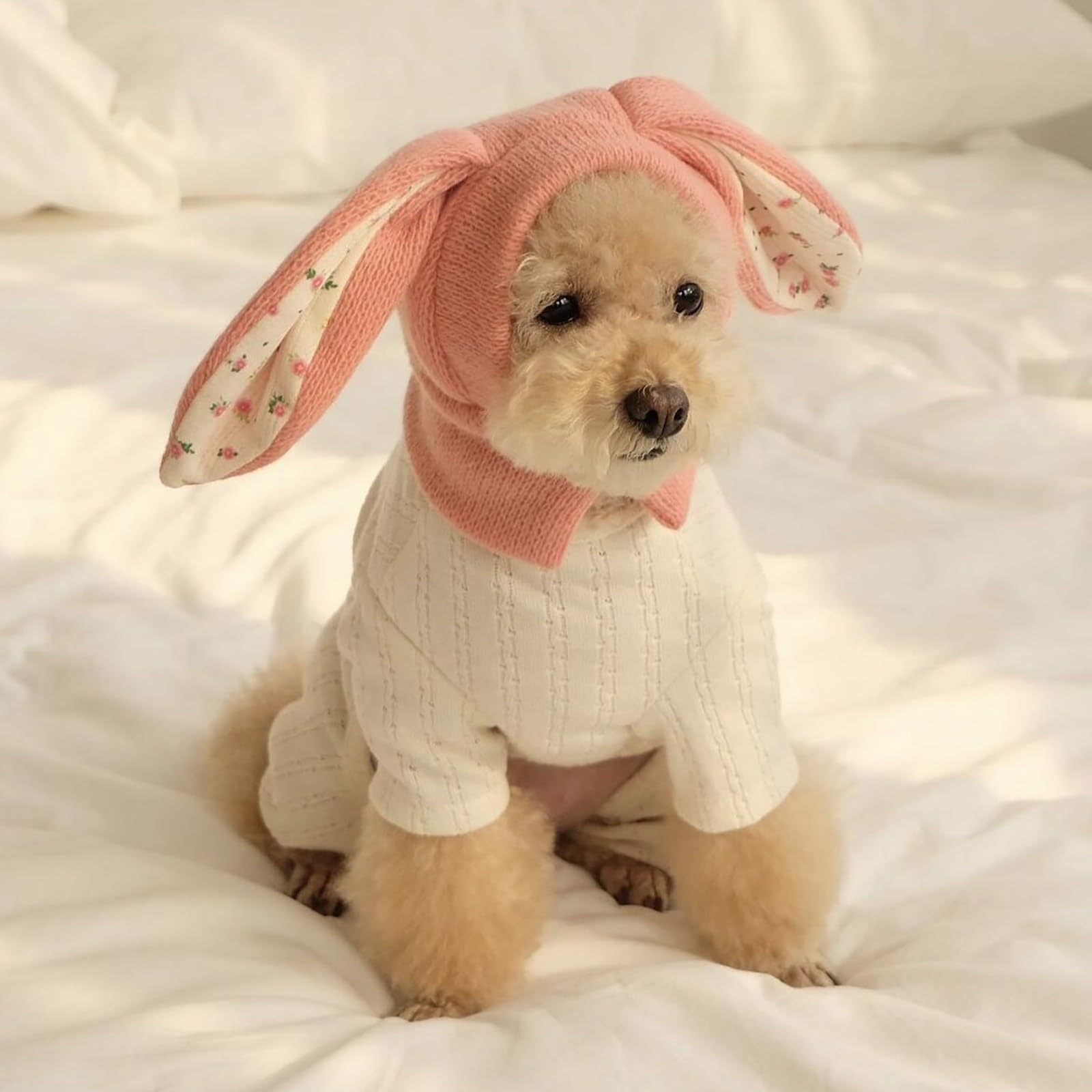 Rabbit Quiet Ears for Dogs Pet Ear Muffs Noise Protection Knitted Dog Hats Pet Warm Dog Ear Cover Winter Hat Dog Head Wrap Bunny Costume for Cats Pets (Pink