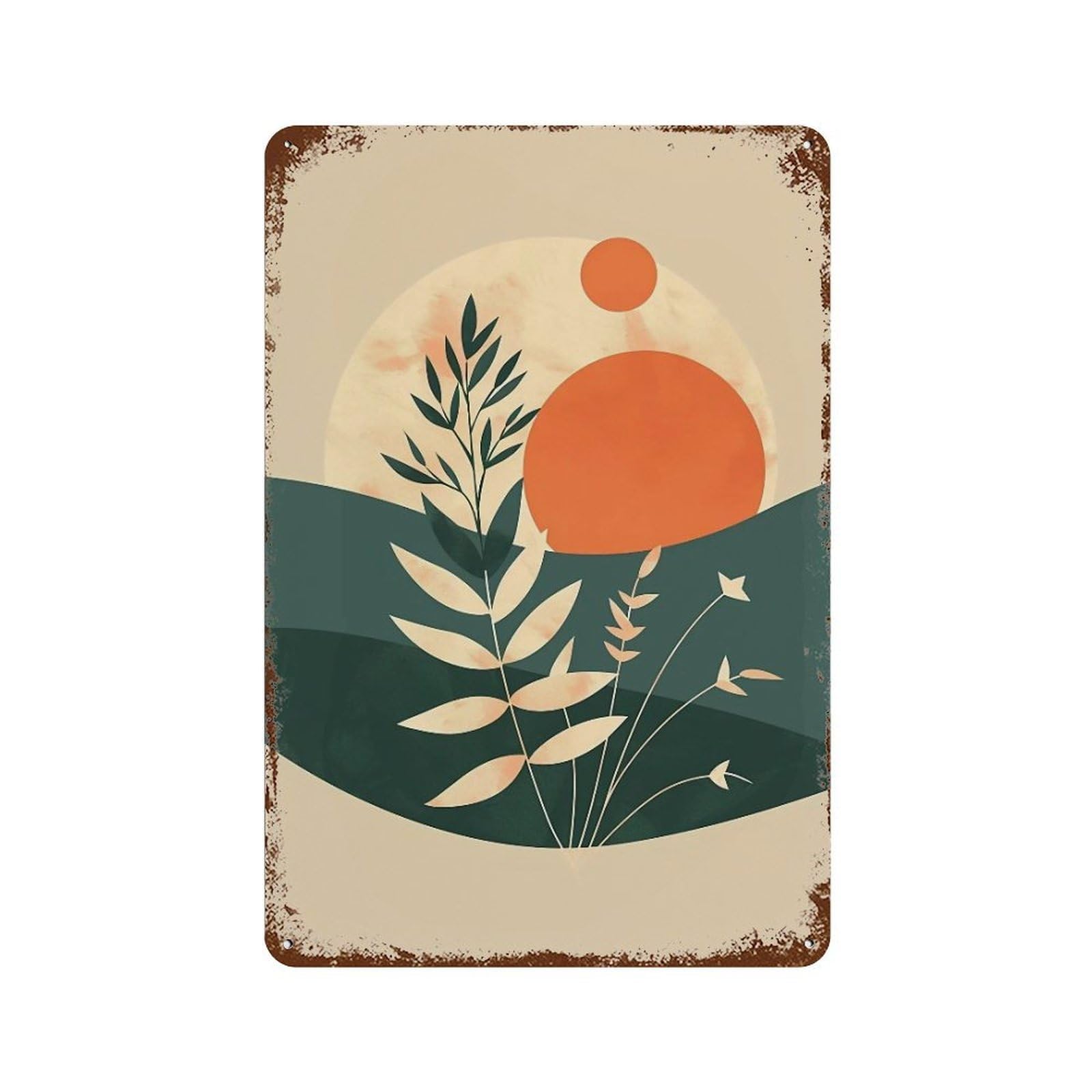 WIHYRTUI Minimal Flat Earth Tone Leafy Branch Sun Moon 03 Wall Retro Iron Metal Tin Sign Vintage Art Poster Modern Home Cofffee Club Art Bar Shop Decor Style 30x20cm