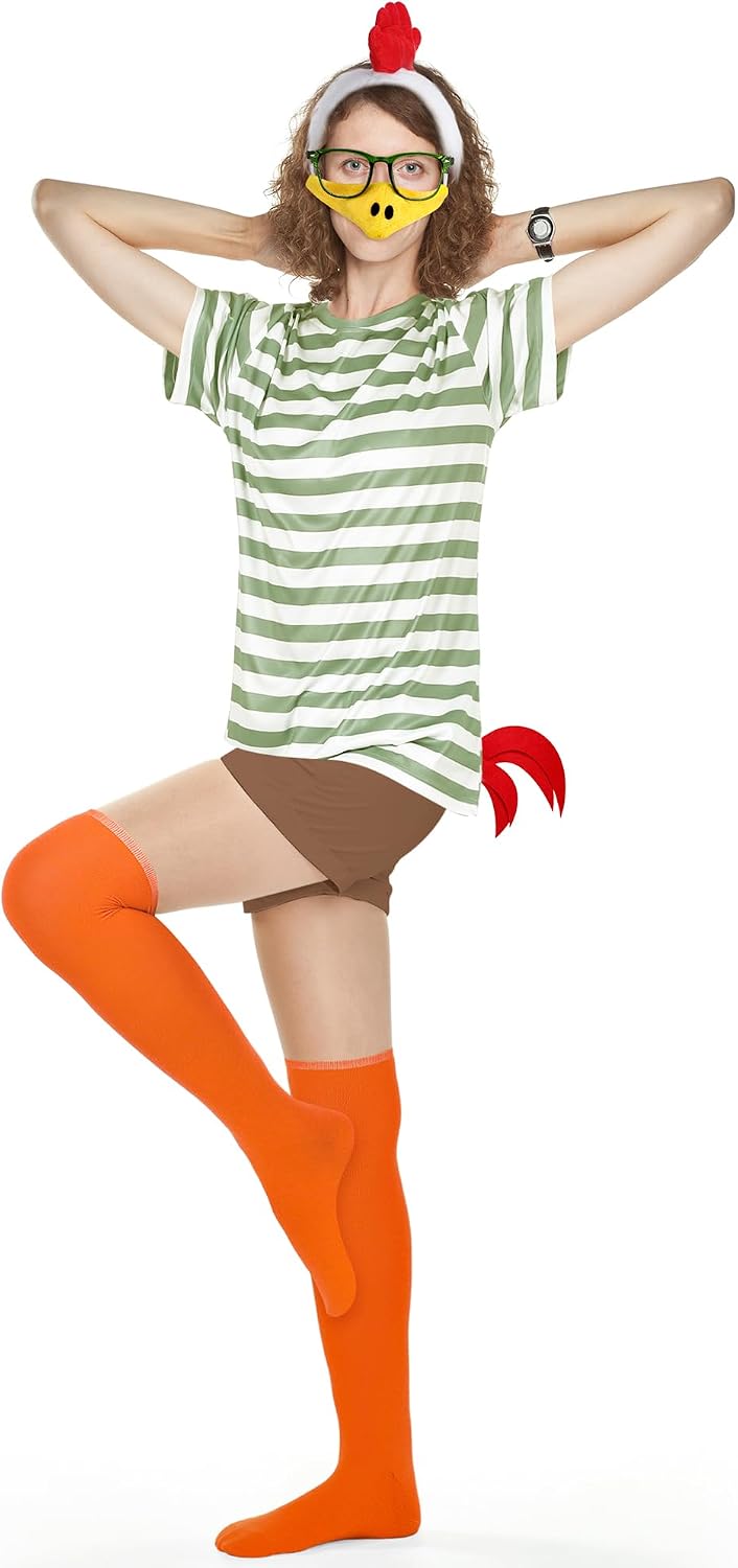 Tellingyou Halloween Chicken Costume Striped Shirt Chicken Nose Mask Tail Headband Glasses Stocking Cosplay Accessories